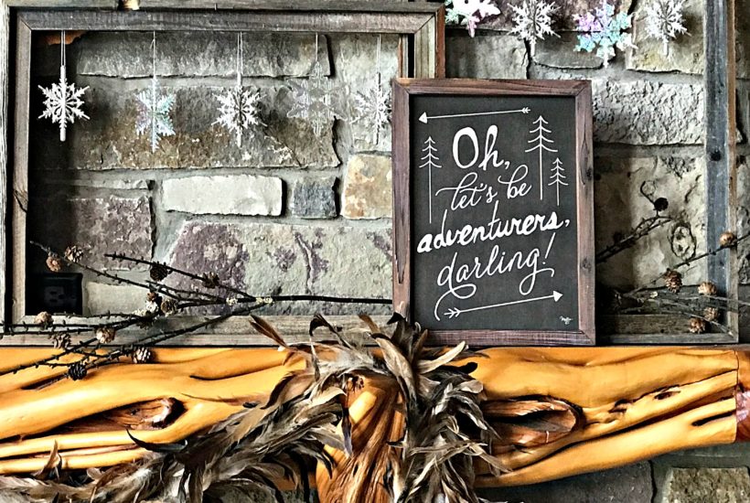 winter neutral decor, mantel, carved moose, snowflake decor, log cabin, cabin decor, rustic decor, winter decor