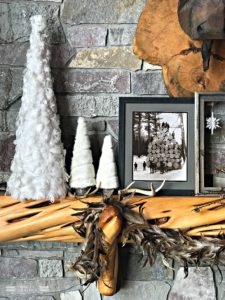 winter neutral decor, mantel, carved moose, snowflake decor, log cabin, cabin decor, rustic decor, winter decor, antler decor