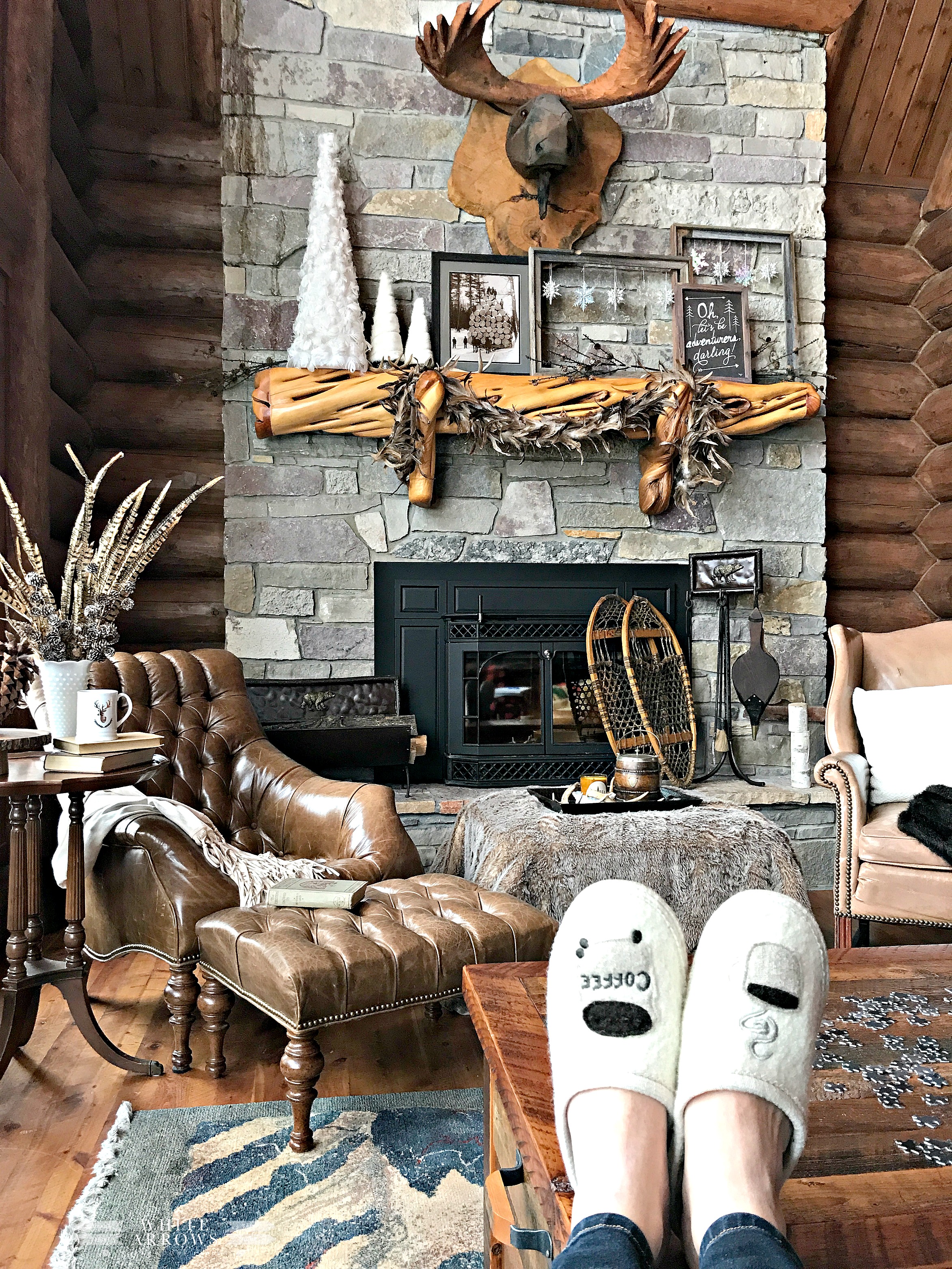 winter neutral decor, log cabin cozy ~ White Arrows Home