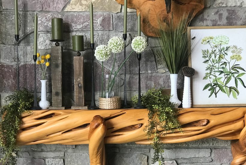 Spring Decor, Botanicals, Green Decor, Milk Glass, Candles on Mantle, Wood Mantel, Stone Fireplace, Cabin, Rustic Decor, Log Cabin