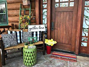 Front Porch, Spring Decor, Spring Porch, Log Cabin, Cabin, McCoy Pottery, Garden Stool, Stained Glass, Porch Lighting