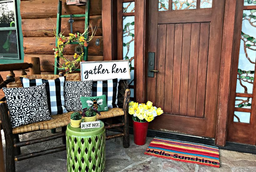 Front Porch, Spring Decor, Spring Porch, Log Cabin, Cabin, McCoy Pottery, Garden Stool, Stained Glass, Porch Lighting