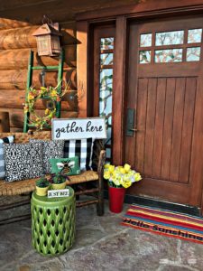 Front Porch, Spring Decor, Spring Porch, Log Cabin, Cabin, McCoy Pottery, Garden Stool, Stained Glass, Porch Lighting