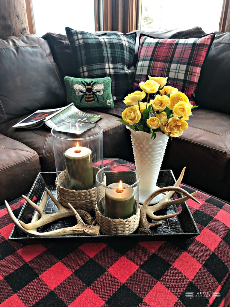 Spring, Milk Glass Vase, Buffalo Plaid, Antlers, Vintage