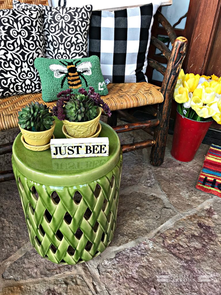 Front Porch, Spring Decor, Spring Porch, Log Cabin, Cabin, McCoy Pottery, Garden Stool, Stained Glass, Porch Lighting
