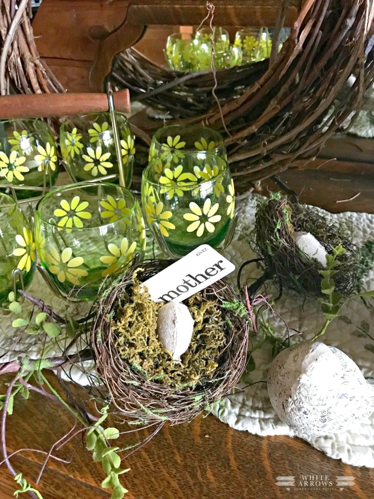 Mother's Day, Mother's Day Brunch, Vintage Glassware, Birds Nest decor