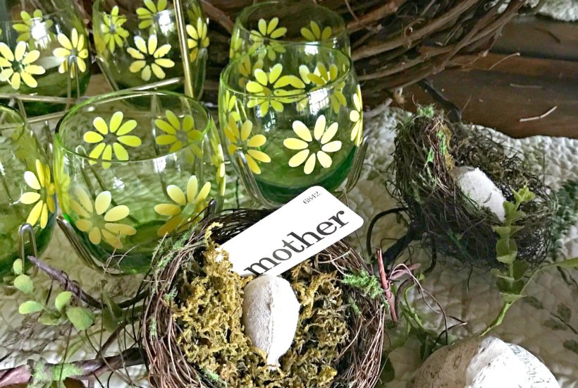 Mother's Day, Mother's Day Brunch, Vintage Glassware, Birds Nest decor