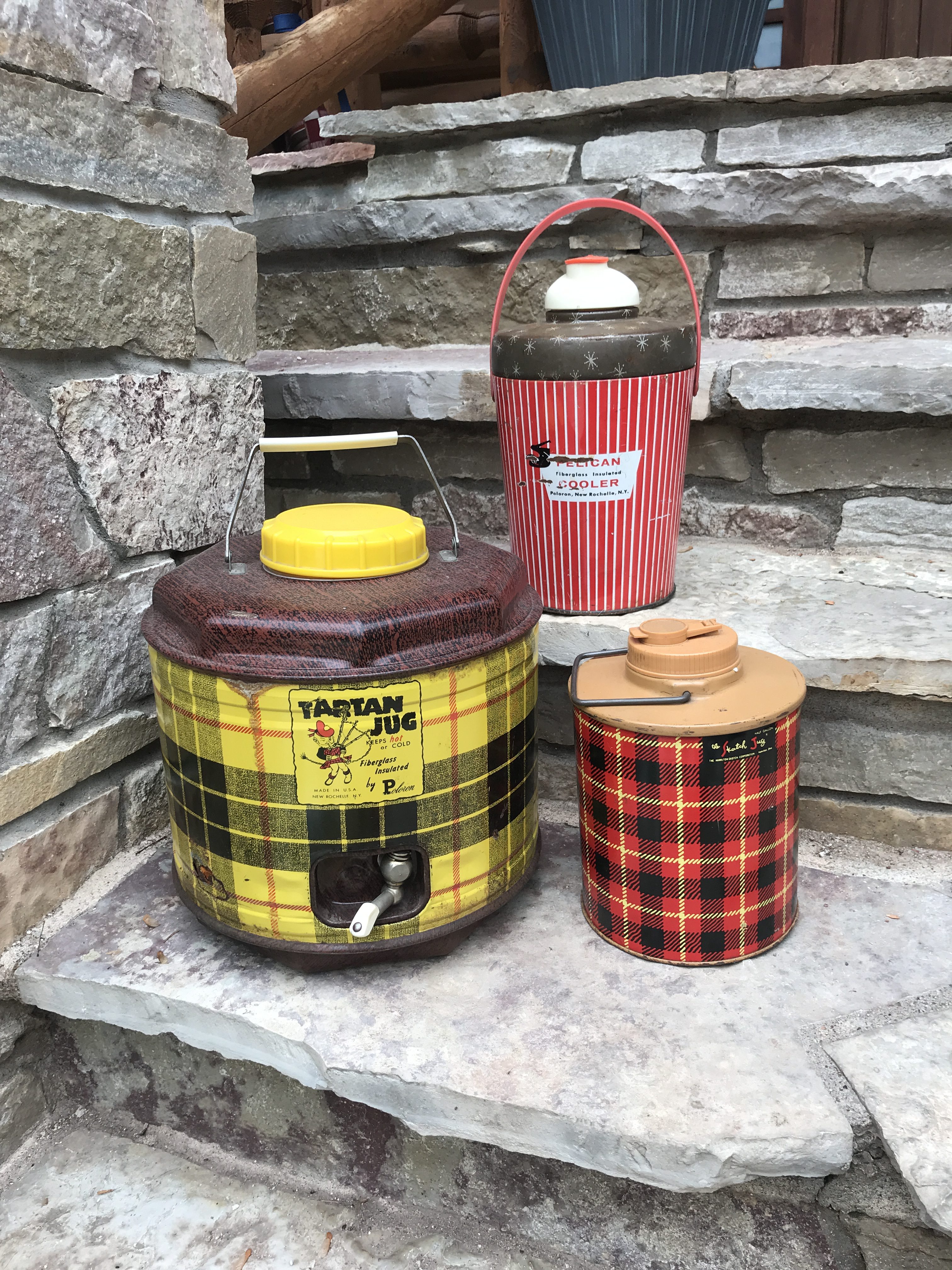 plaid, vintage cooler jugs, vintage thermos, cottage style