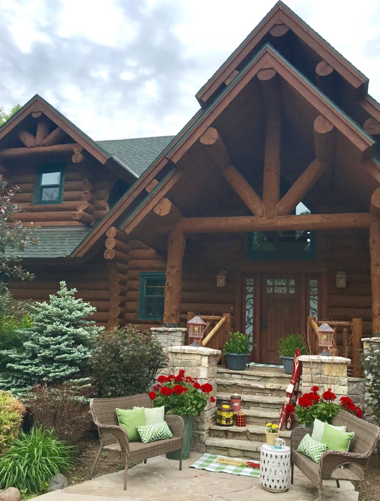 summer decor, cabin decor, geraniums, minocqua, log cabin, cottage, lake house