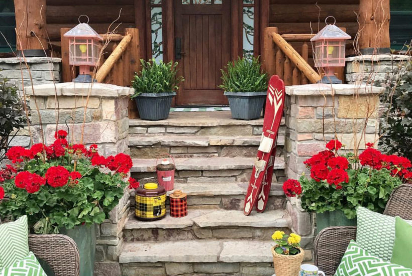 Summer decor, front porch, curb appeal, geraniums, cottage, log cabin