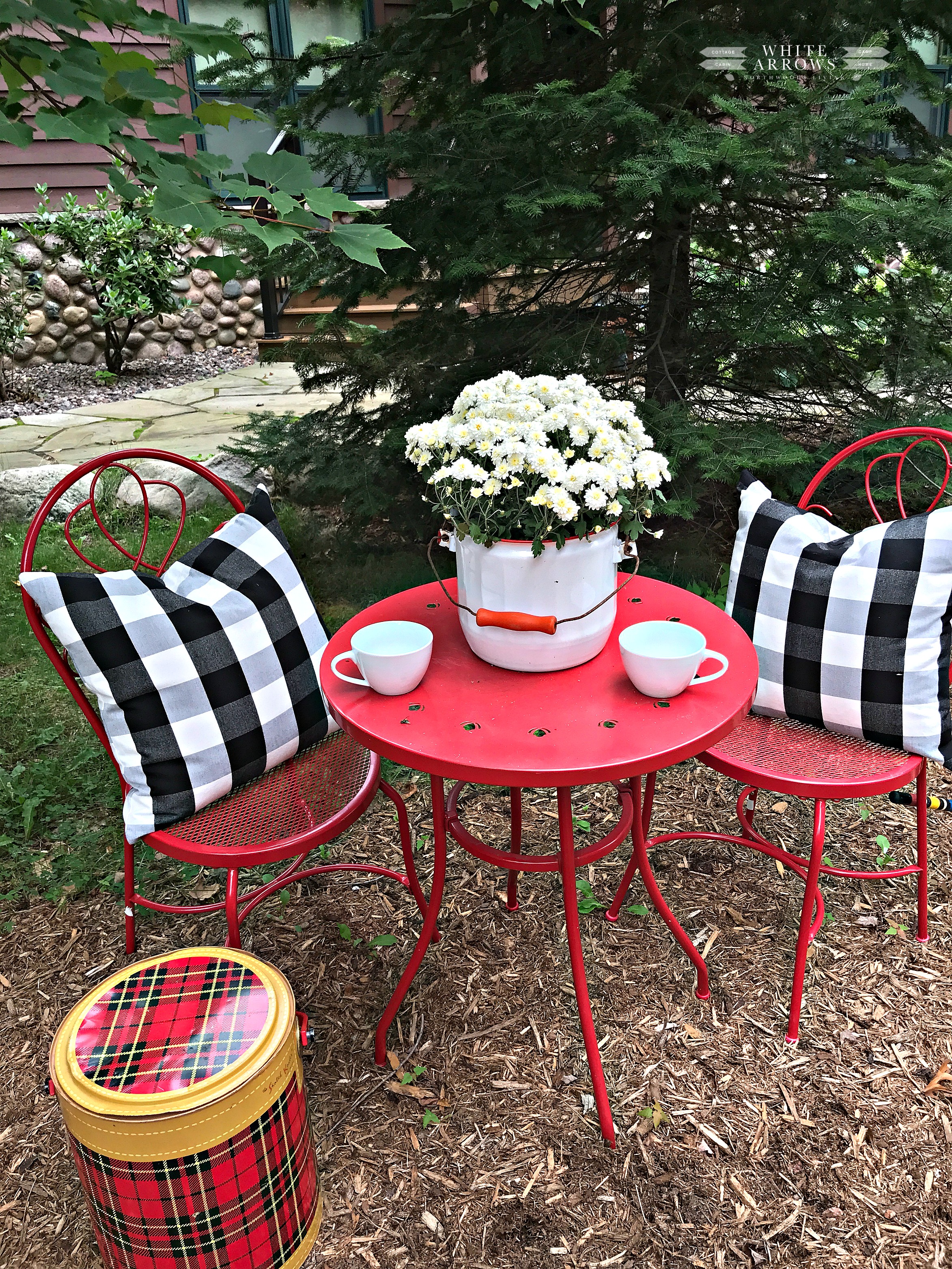 Summer to Fall Decor, Fall Decor, Autumn Decor, Buffalo Plaid, Bistro Table, Mums