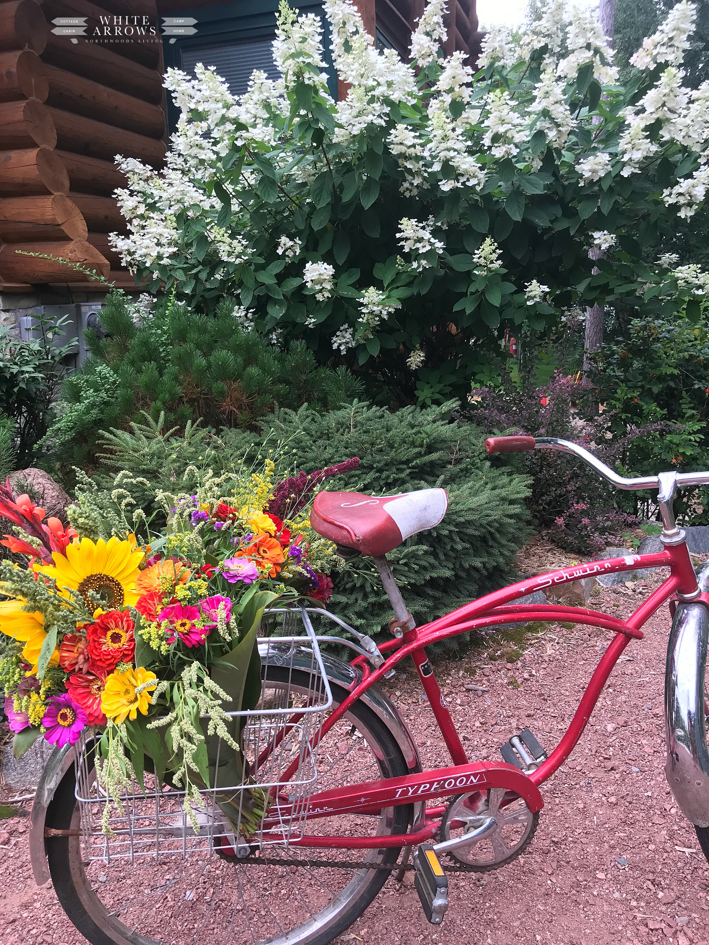 cabin, buffalo plaid, summer to fall decor, summer decor, autumn decor, Summer to Fall Porch Decor, farmer's market flowers, vintage bike