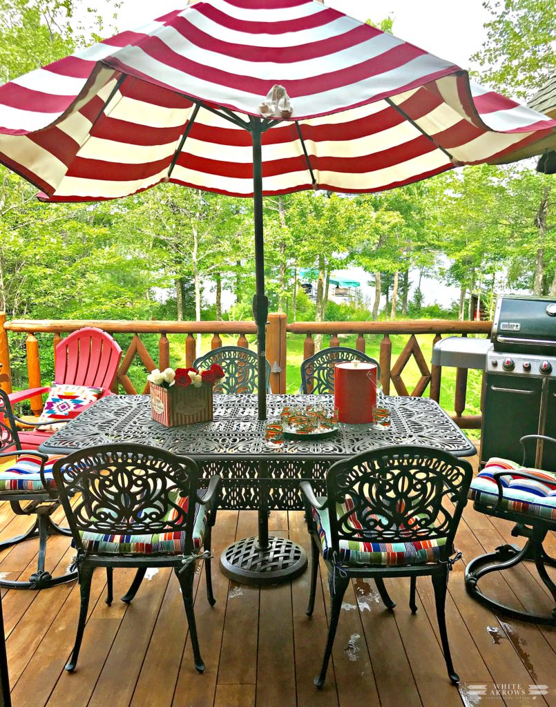 Back Porch, Porch Decor, Patio Furniture, Striped Umbrella, Lake House, Patio Umbrella