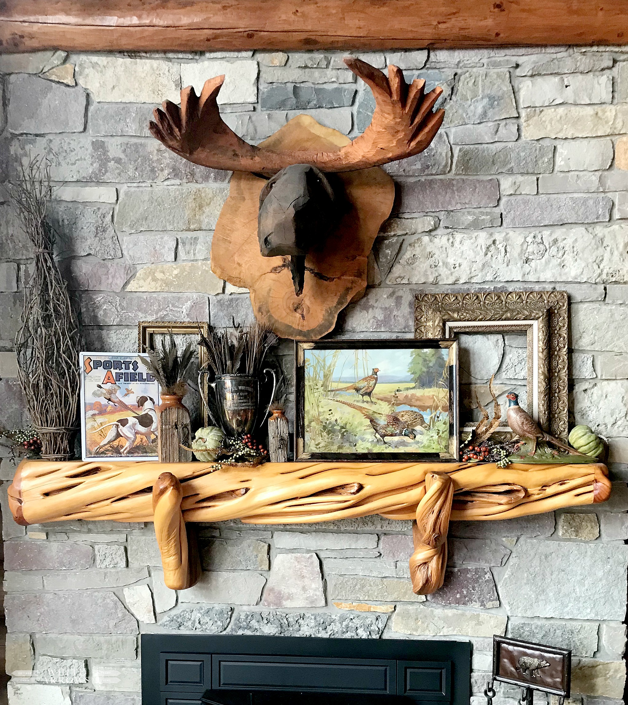 Thanksgiving Mantel Decor- Golds and Pheasants ~ White Arrows Home