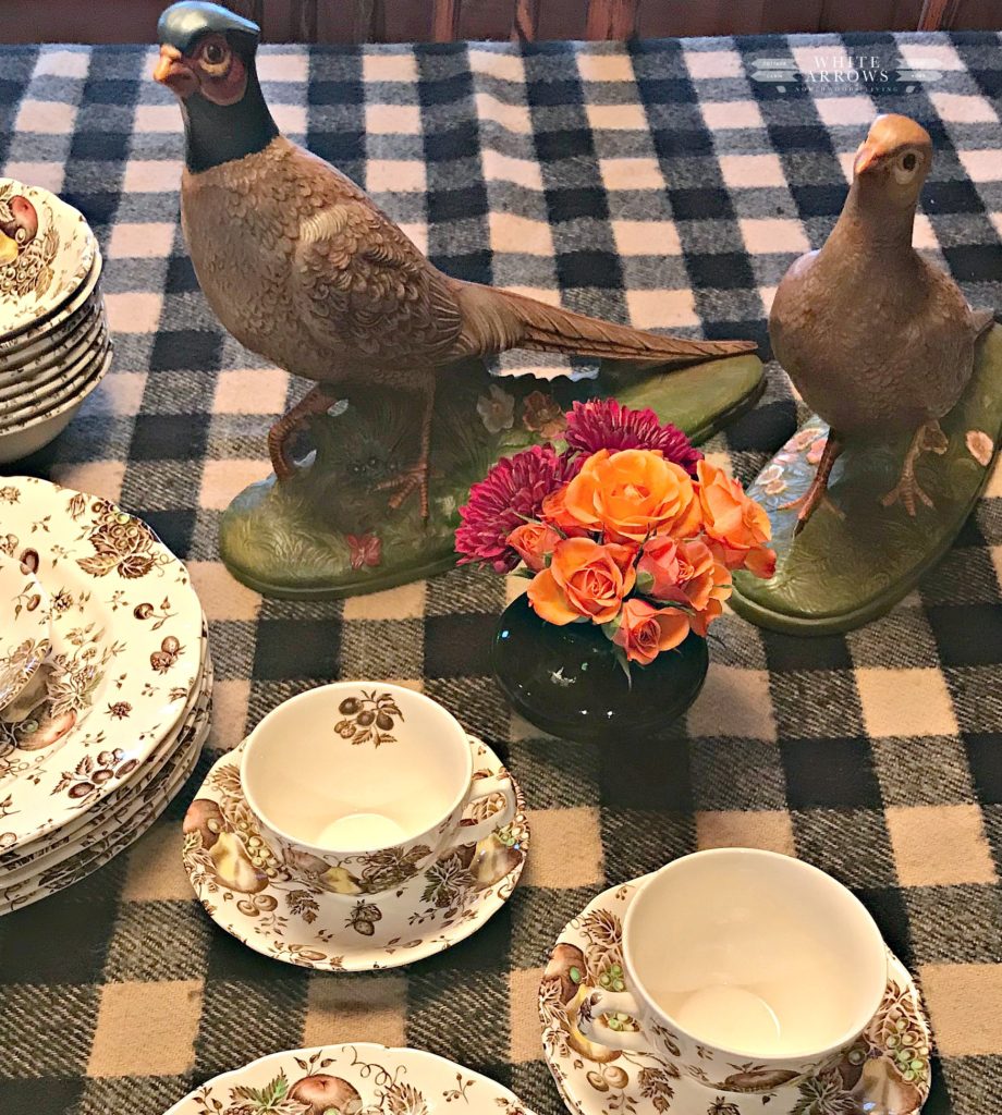 Thanksgiving table, plaid table, pheasants, transferware