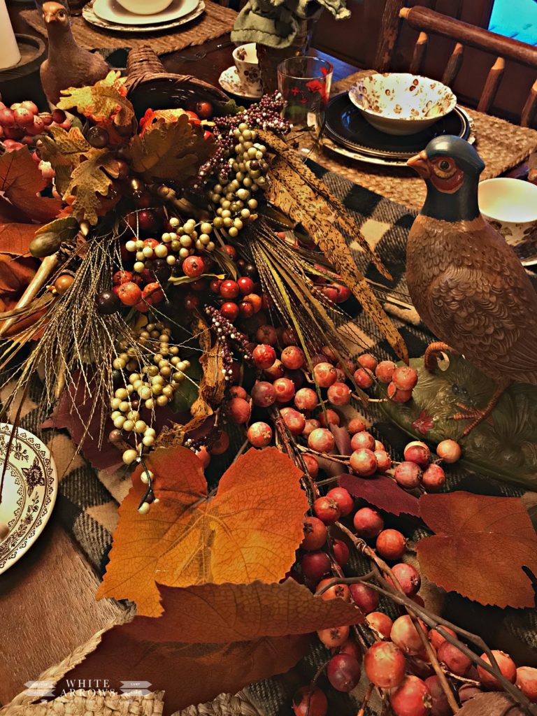 Thanksgiving table, plaid table, pheasants, transferware