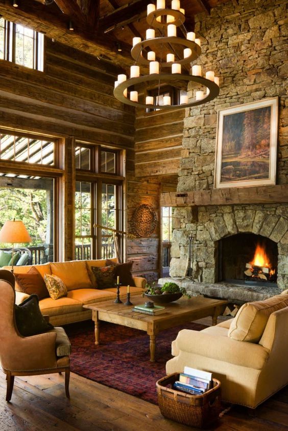 lodge-style-chandelier-stone-fireplace