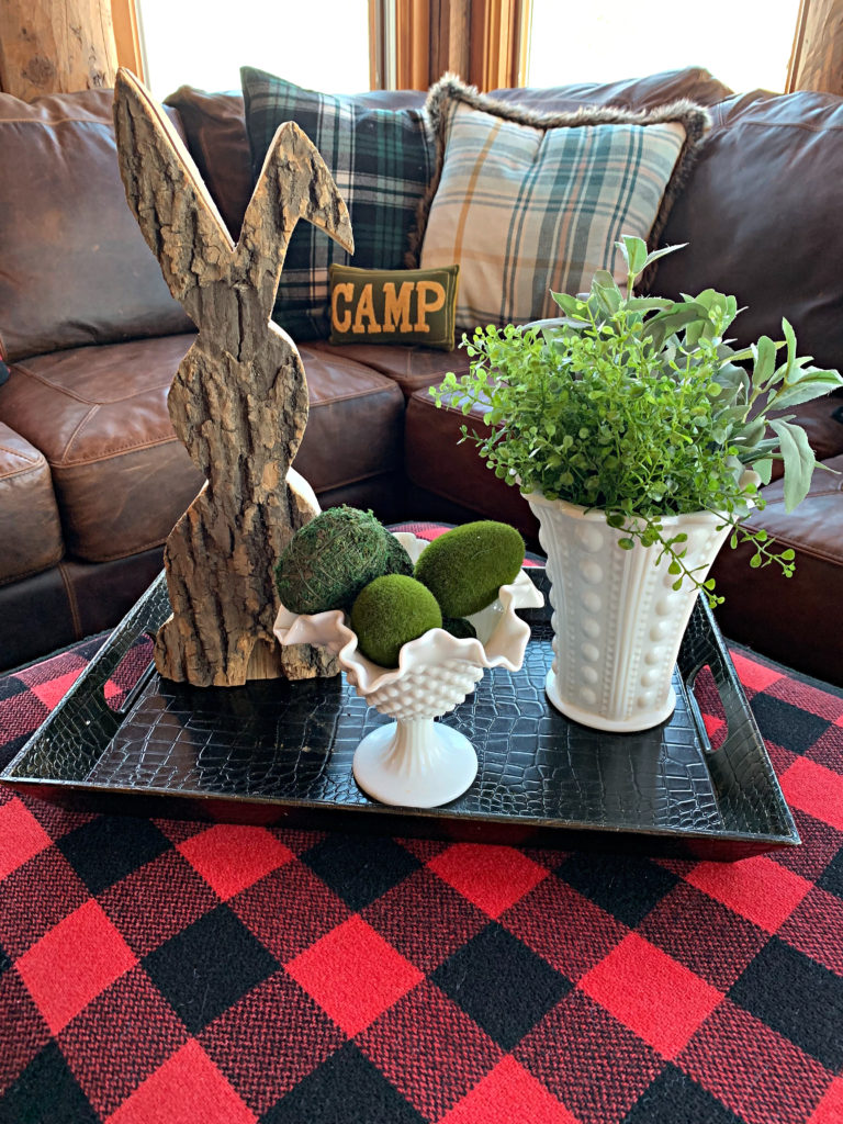 easter-vignette-decorated-tray-wooden-bunny-milk-glass-buffalo-plaid-moss