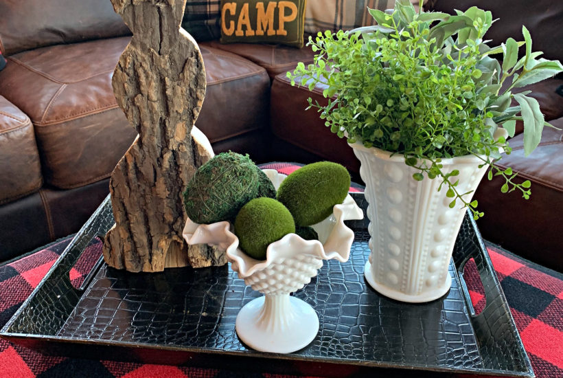 easter-vignette-decorated-tray-wooden-bunny-milk-glass-buffalo-plaid-moss