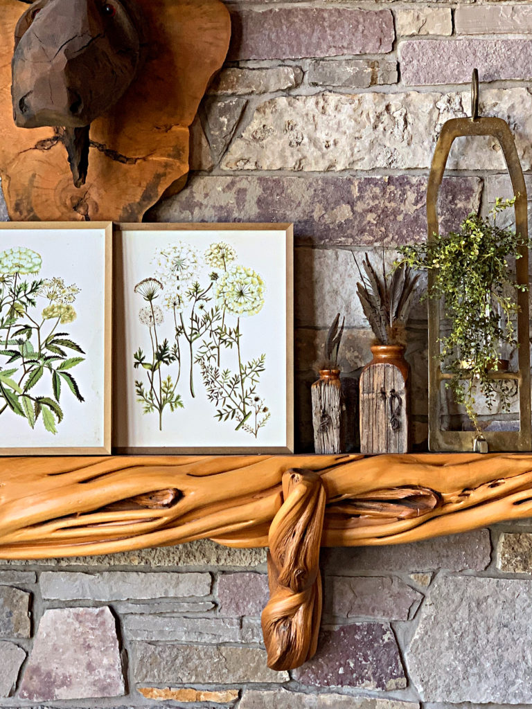 spring-mantel-botanical-print-greenery-cabin