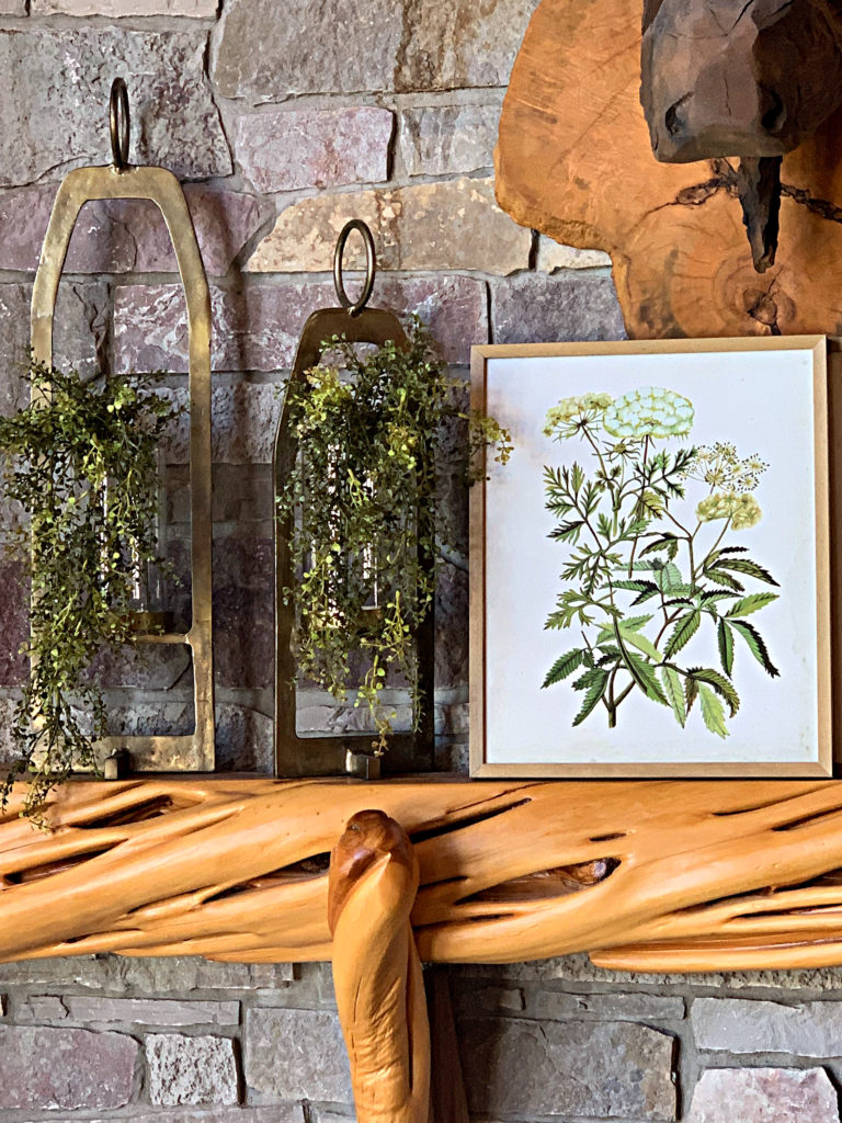 spring-mantel-botanical-print-greenery-cabin