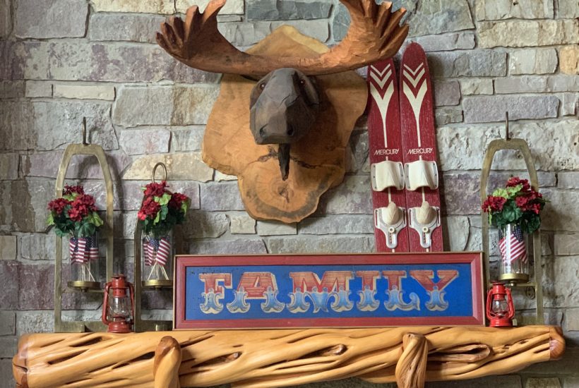 summer-lake-house-mantel-buffalo-plaid-cabin-cottage-red-white-blue