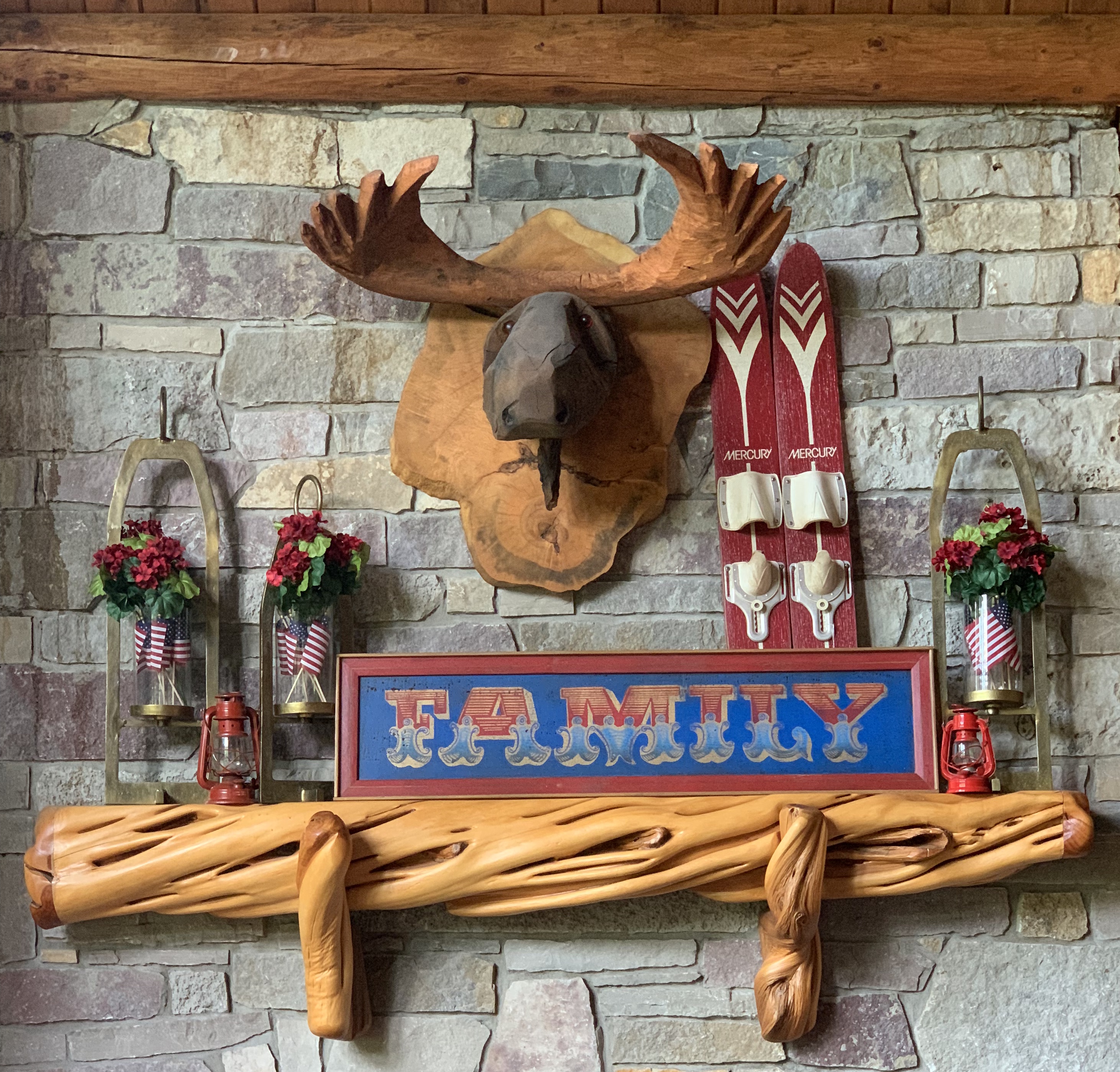 summer-lake-house-mantel-buffalo-plaid-cabin-cottage-red-white-blue