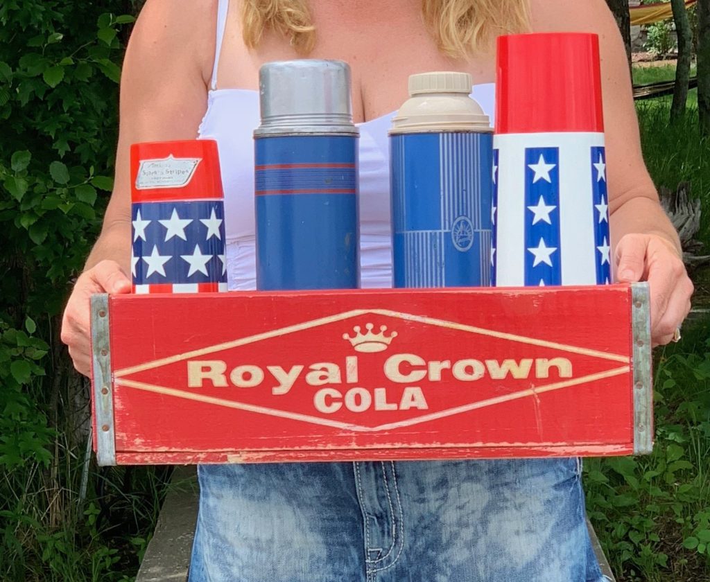 Vintage Patriotic Thermos in Vintage Royal Crown Soda Crate