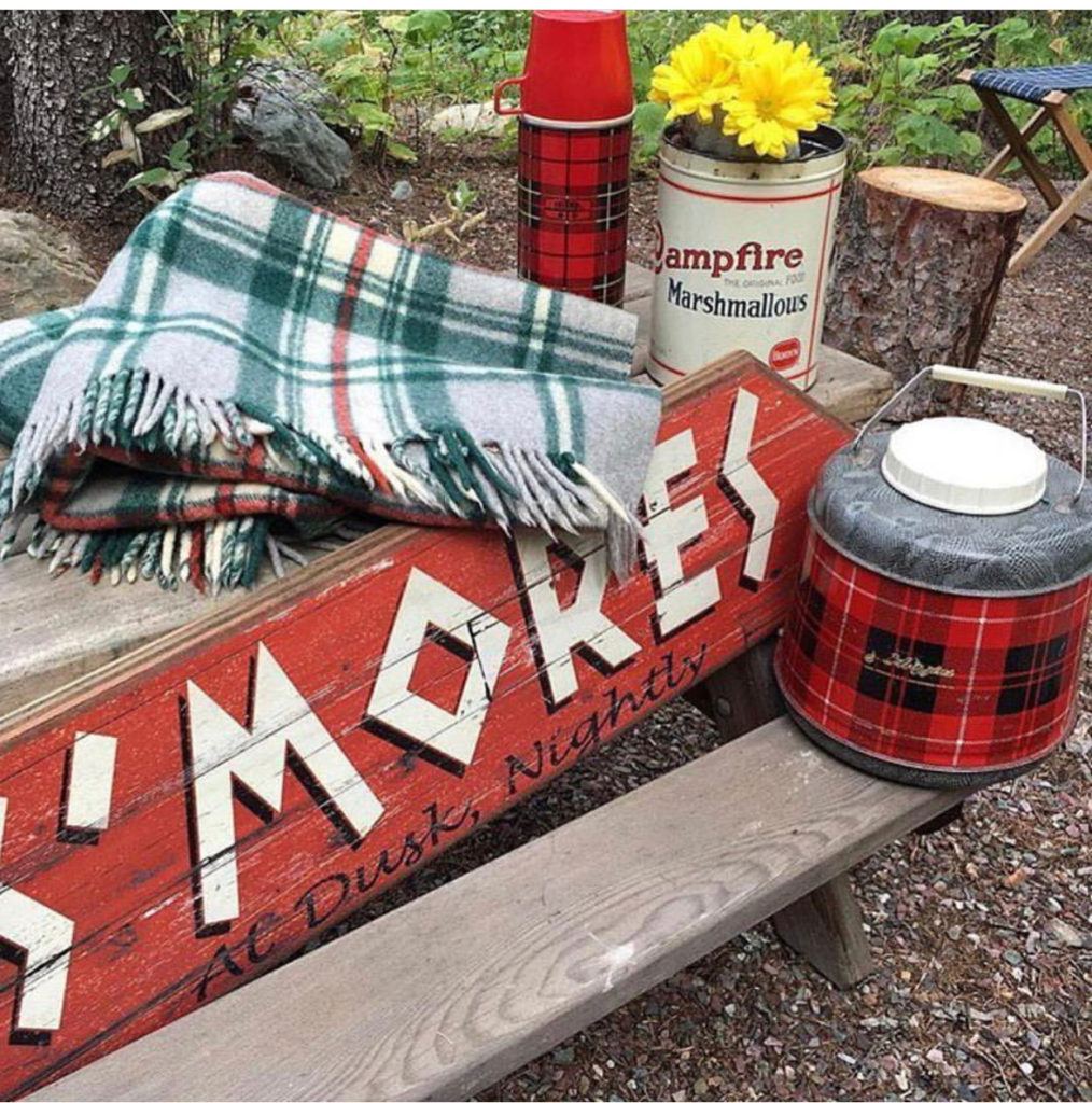 Vintage Camp Blanket, S'mores sign, thermos and Campfire Marshmallow Tin