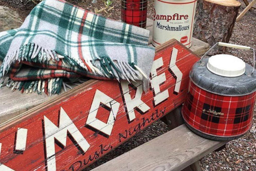 Vintage Camp Blanket, S'mores sign, thermos and Campfire Marshmallow Tin