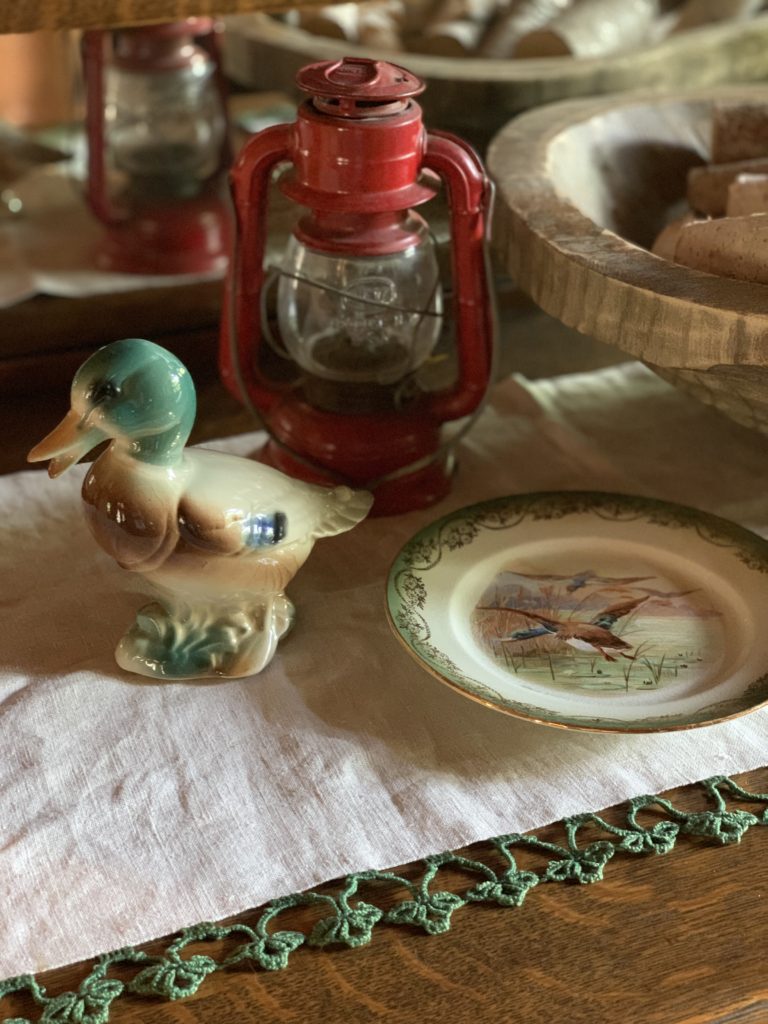 Ceramic Mallard Duck, duck scene plate and a red lantern for Fall decor 