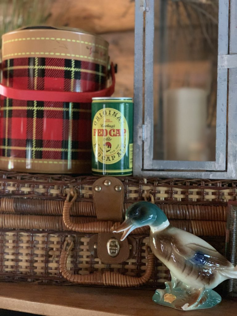 Fall Decor- Woven picnic basket, ceramic mallard duck, vintage red cap beer can