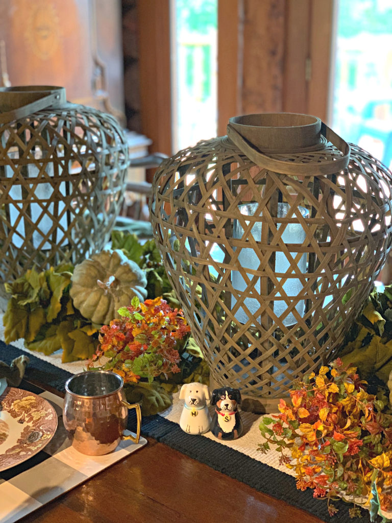 Fall Table Woven lanterns and floral runner