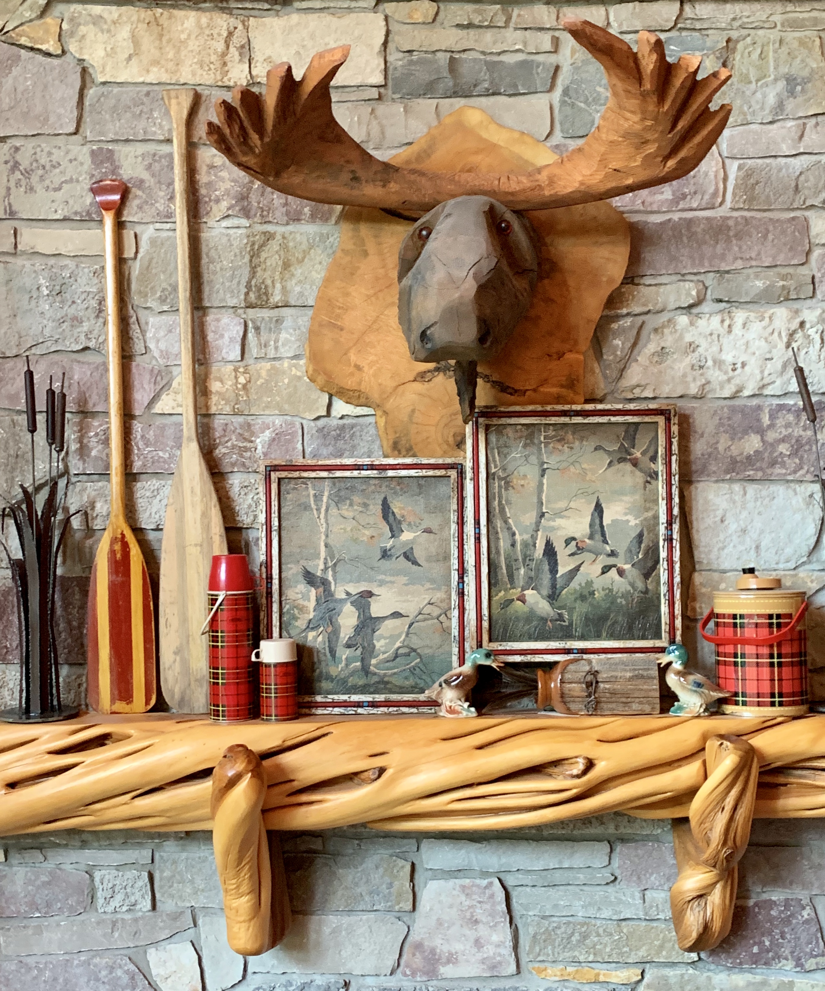 Rustic Carved Mantel in log home