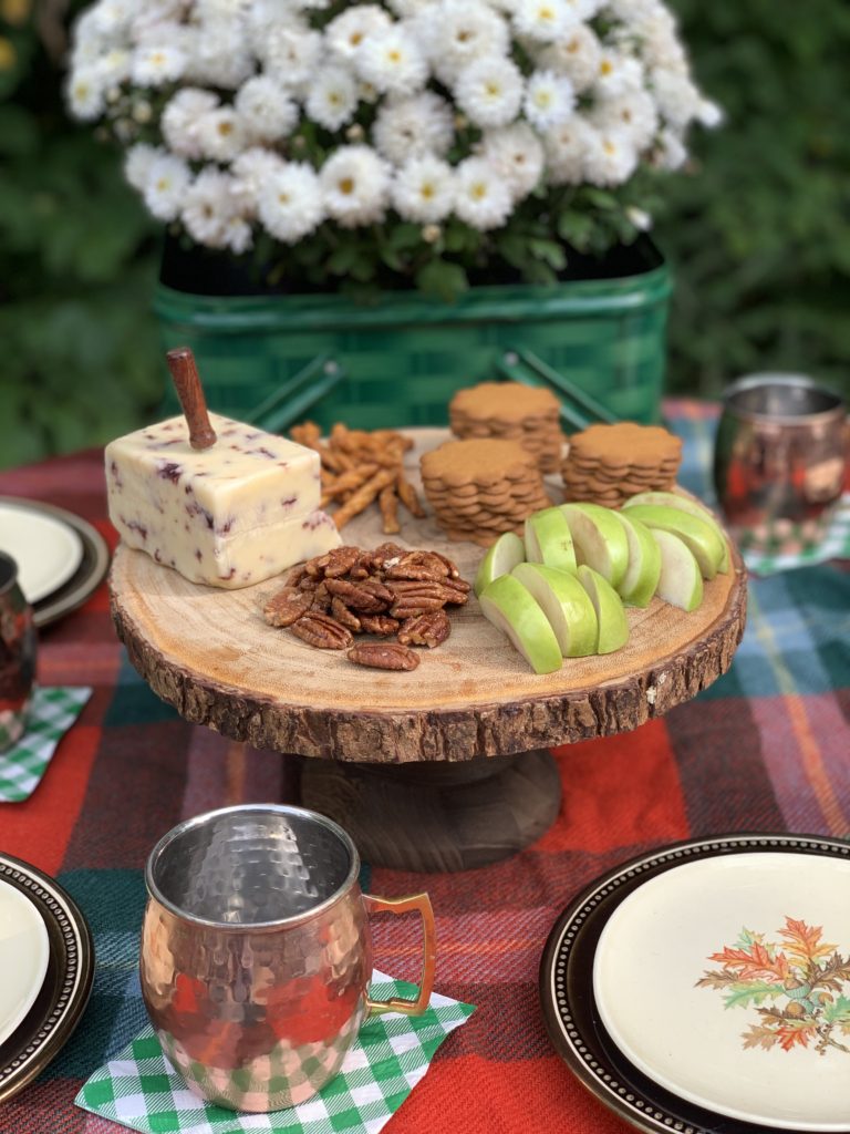 Fall Snacks with apples, gingersnaps, pecans, cheese and pretzels.