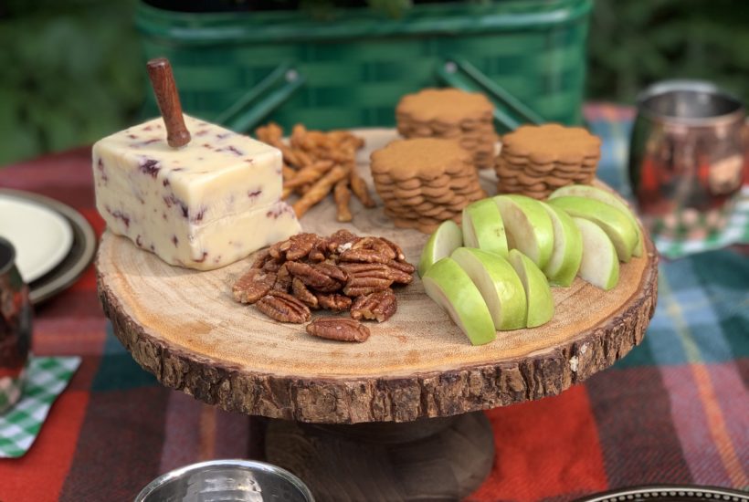 Fall Snacks with apples, gingersnaps, pecans, cheese and pretzels.