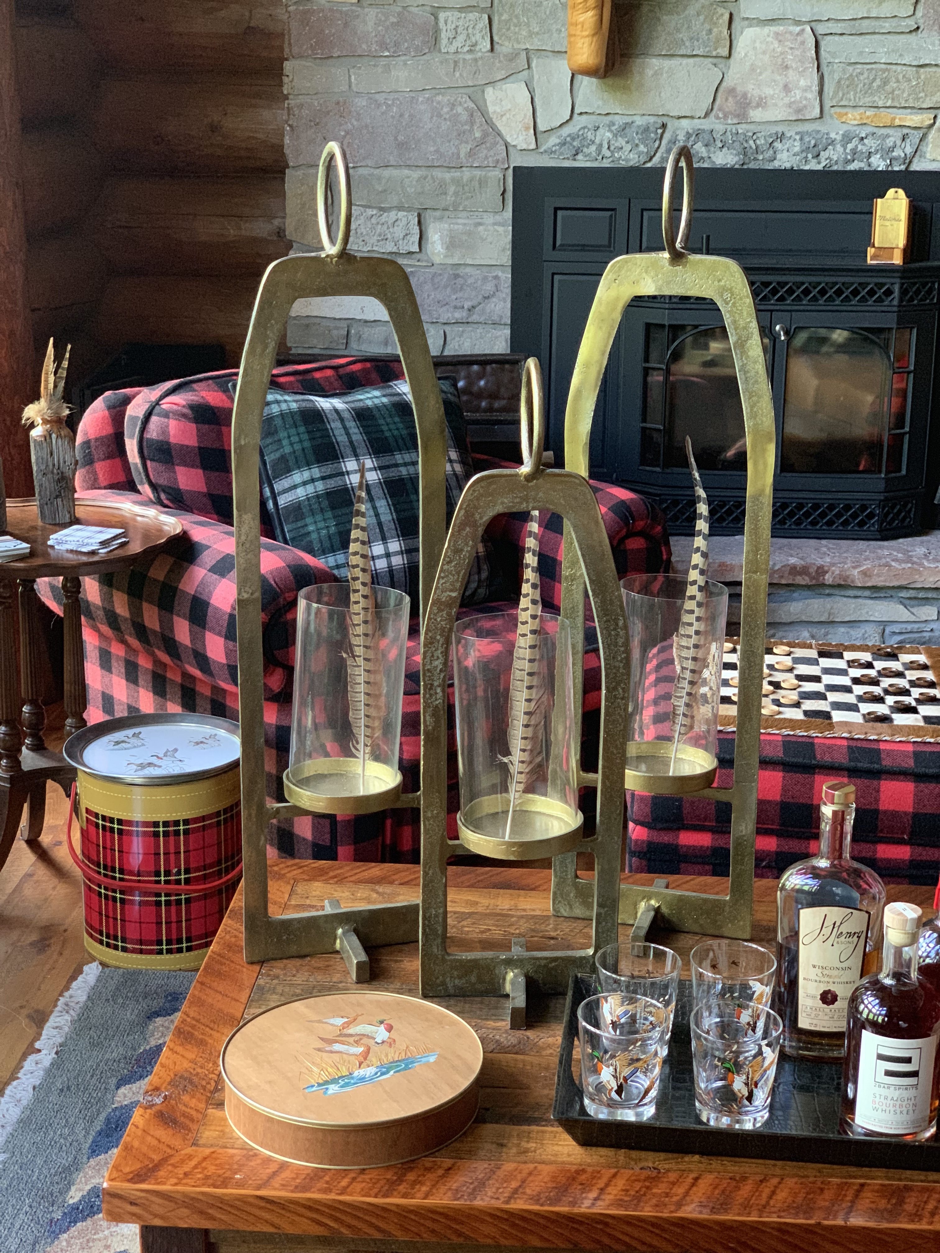 Great Room for Fall Brass Hurricane Lanterns and Buffalo Plaid