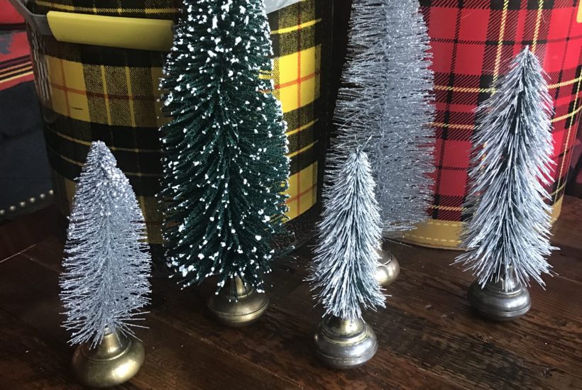bottle brush Christmas trees in vintage door knobs