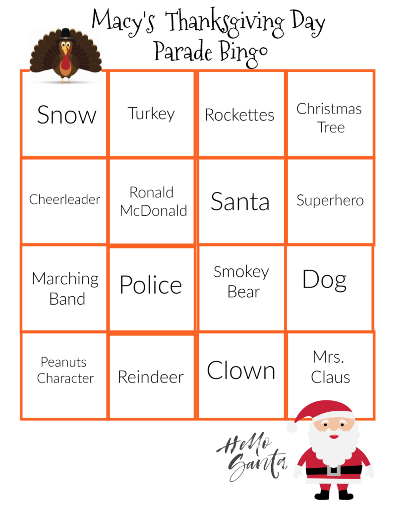 Macy's Thanksgiving Day Parade Bingo Card