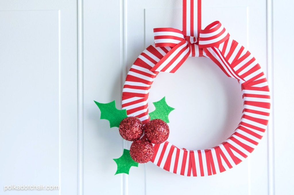Christmas Wreath Red and White Striped Ribbon
