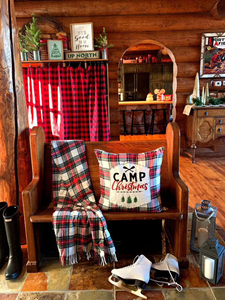 Christmas entry bench plaid pillow