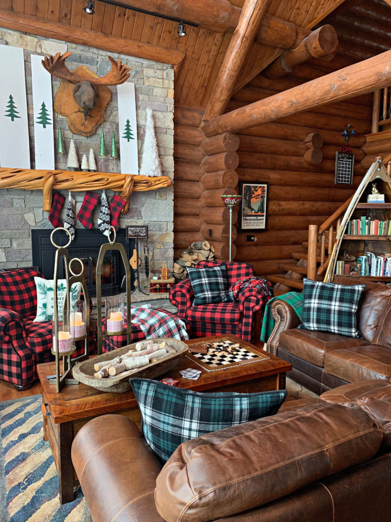 cabin great room with plaids