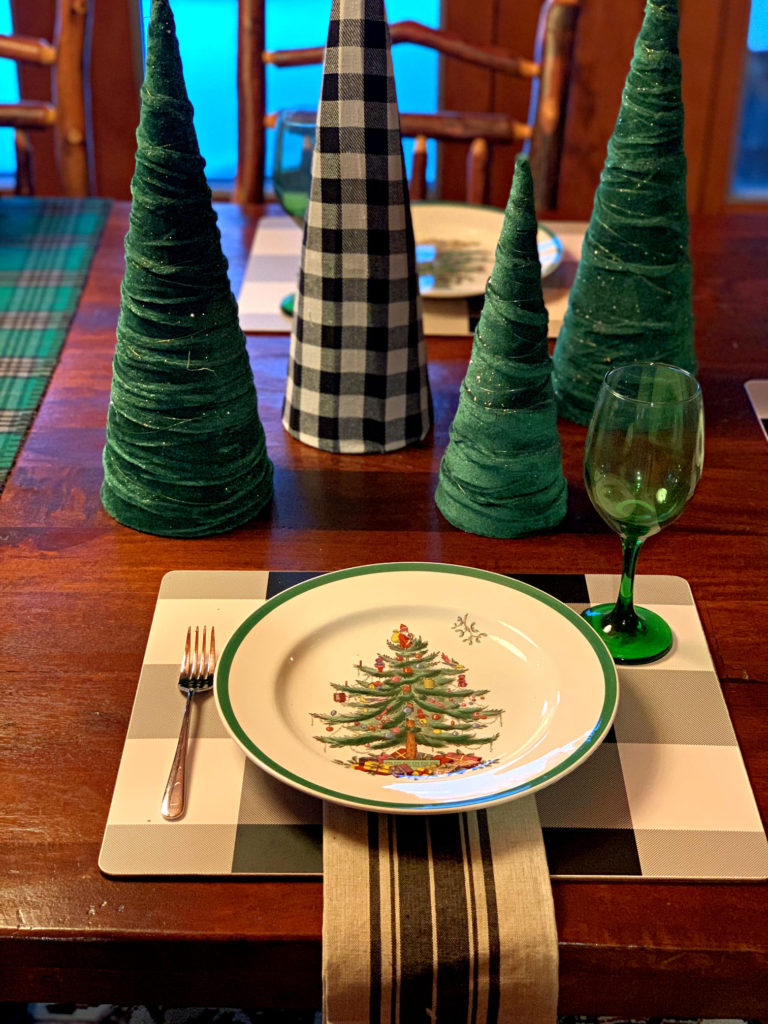 Green Velvet and Buffalo Plaid Christmas Trees and Placesetting