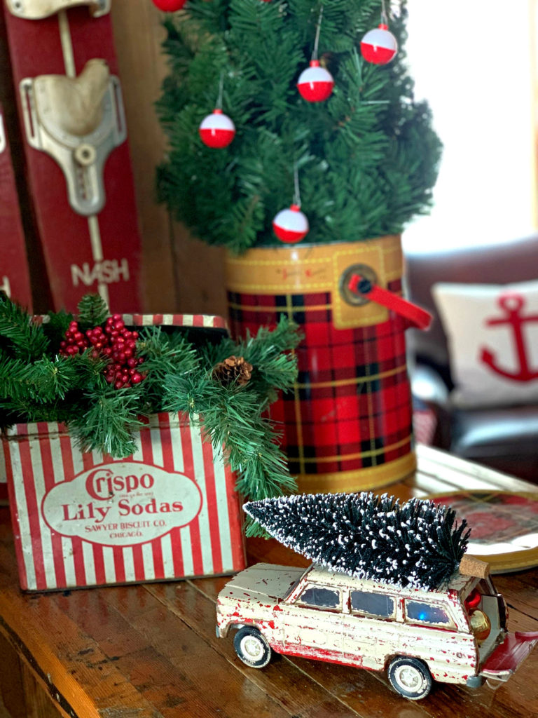 Christmas Vintage Truck with Tree and Tin with Greens