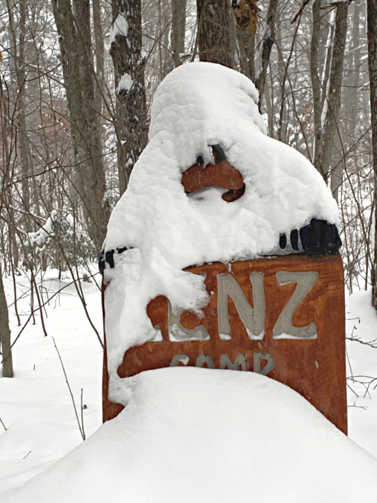 carved bear sign covered in snow