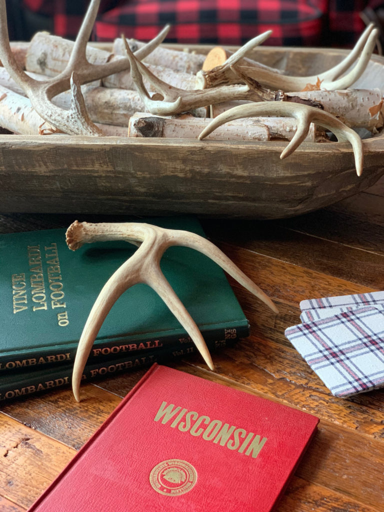 Wisconsin books, dough bowl of birch and antlers, Styling a Bookshelf