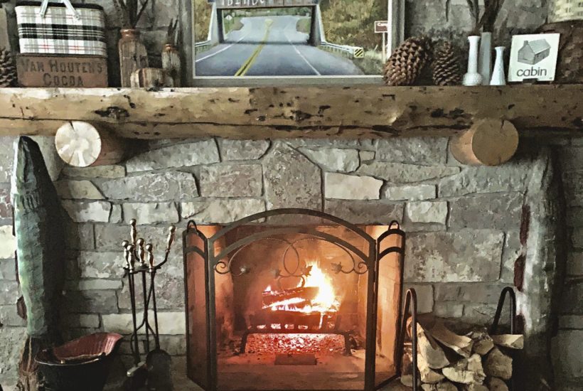 rustic fireplace mantel, cabin