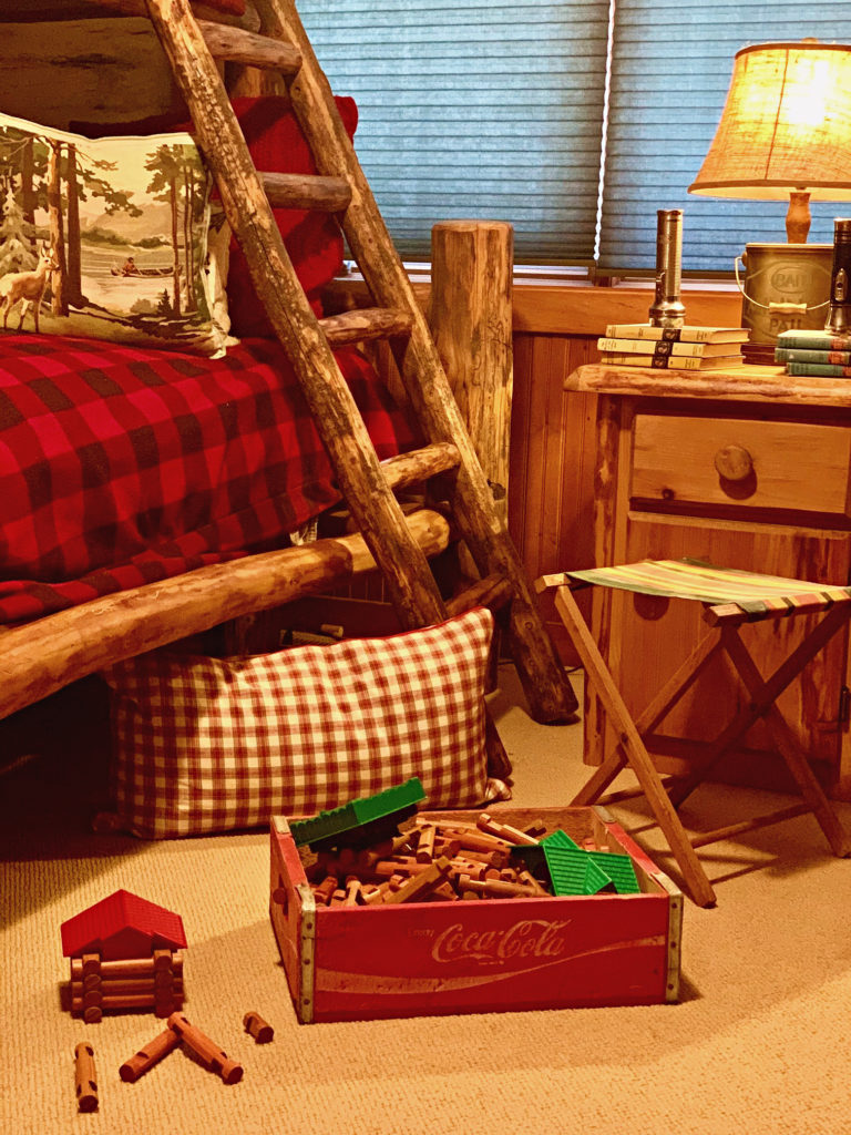 Lincoln Logs and Vintage Soda Crate in Cabin Bunk Room