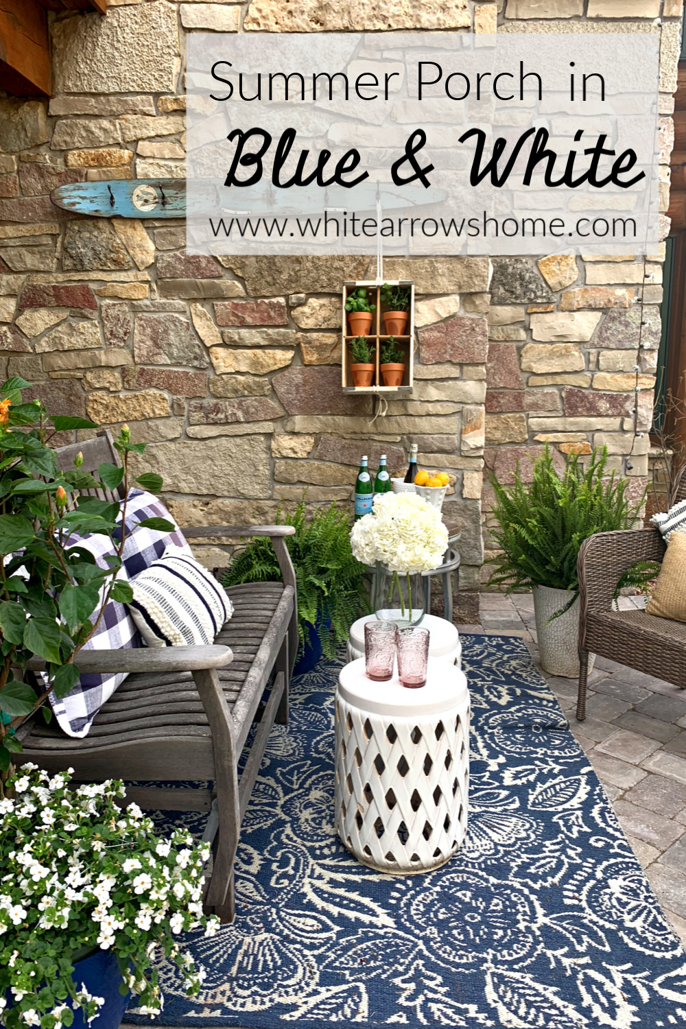 Summer Porch Decor in Blue and White ~ White Arrows Home