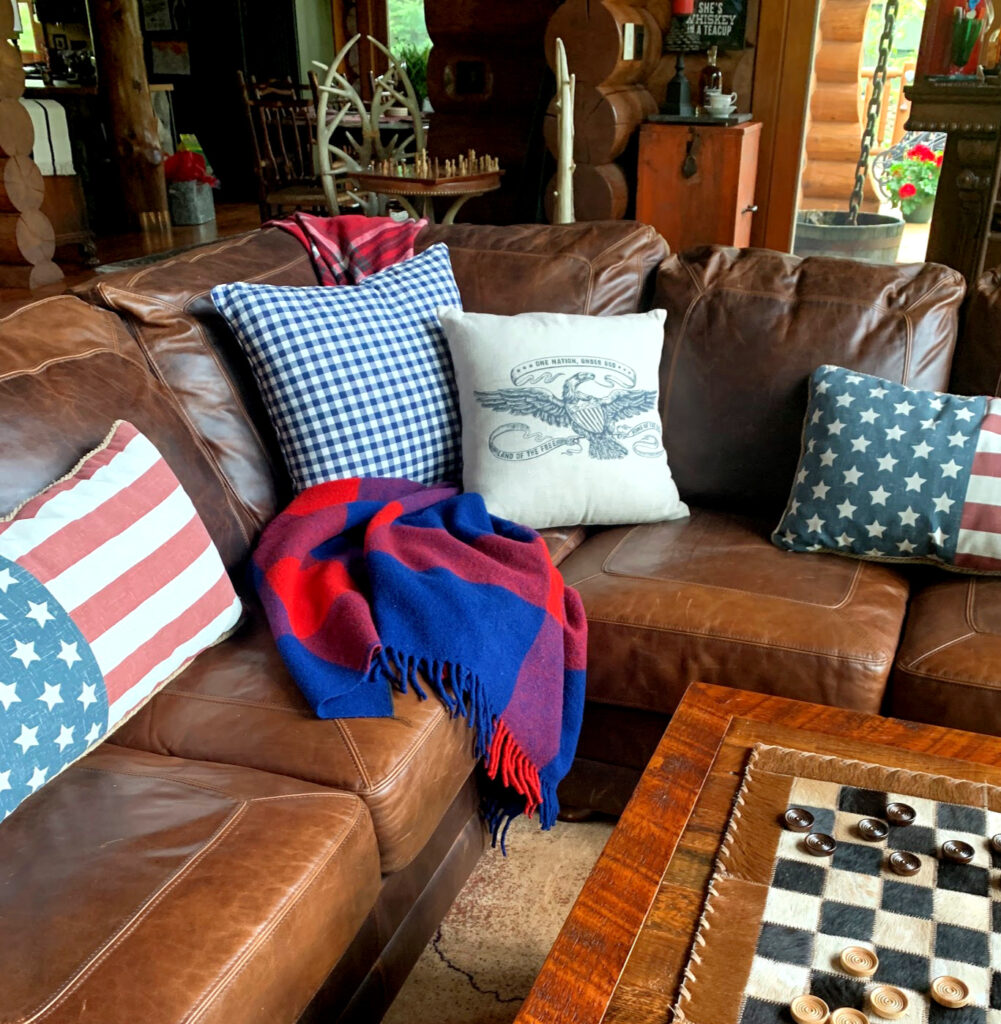 Summer Decor- Leather Sectional with Patriotic Pillows